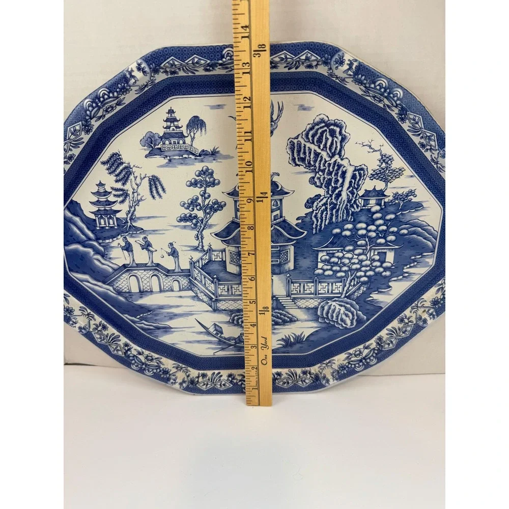 Vintage Daher Long Island NY Blue White Willow Tin Serving Tray Made in England